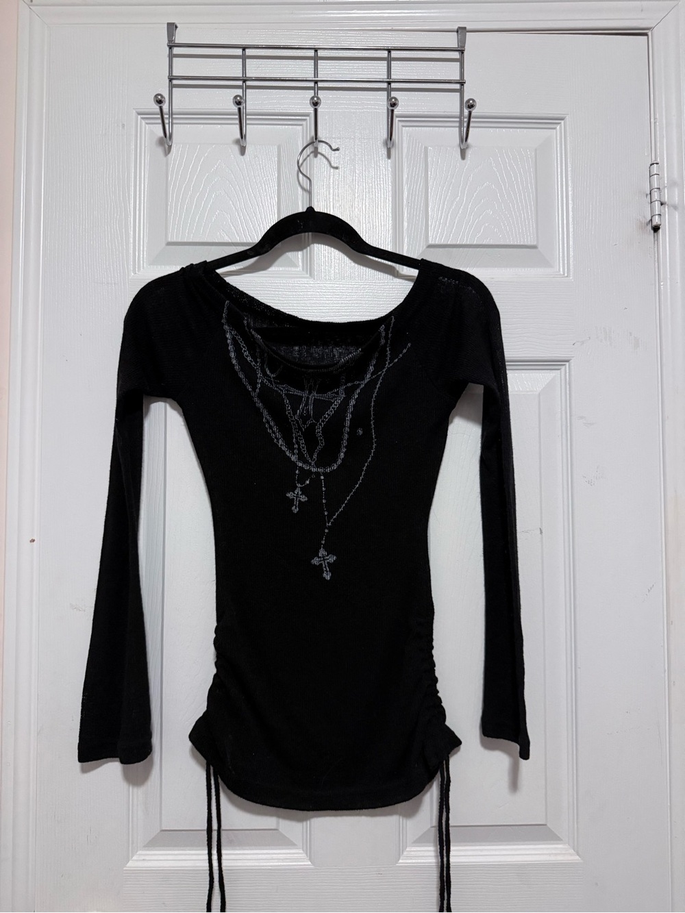 Women's Black Long Sleeve Mesh Ruched Top with Cross Necklace Print